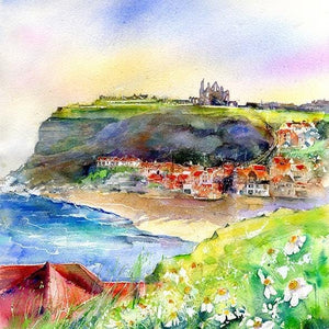 Whitby Yorkshire coastal village and Abby. Fine Art Print Watercolour painted by artist Sheila Gill
