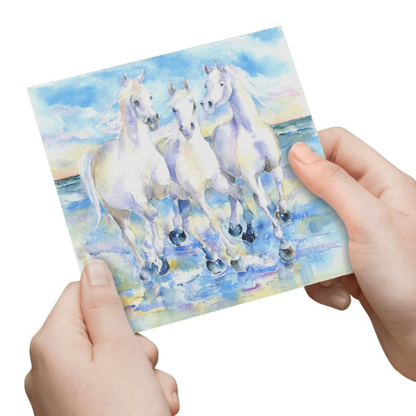 White Camargue Ponies Greeting Card designed by artist Sheila Gill