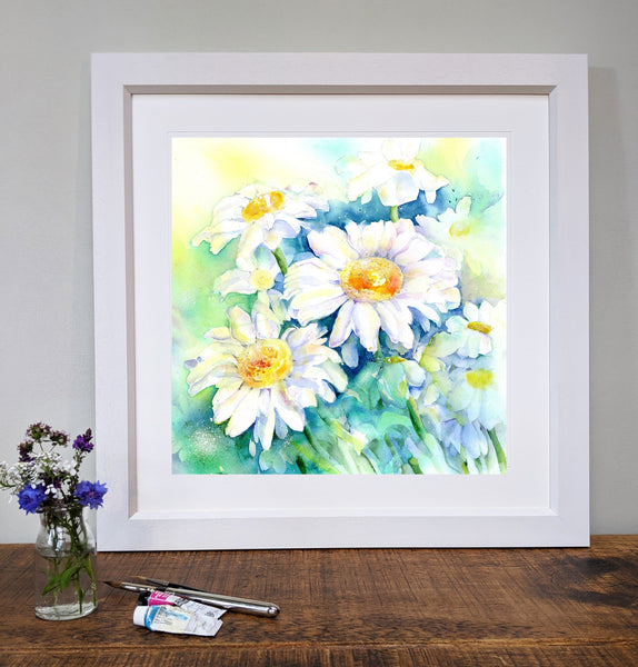 White Daisy - Flower Framed interior decor contemporary green and white Art Print artist Sheila Gill