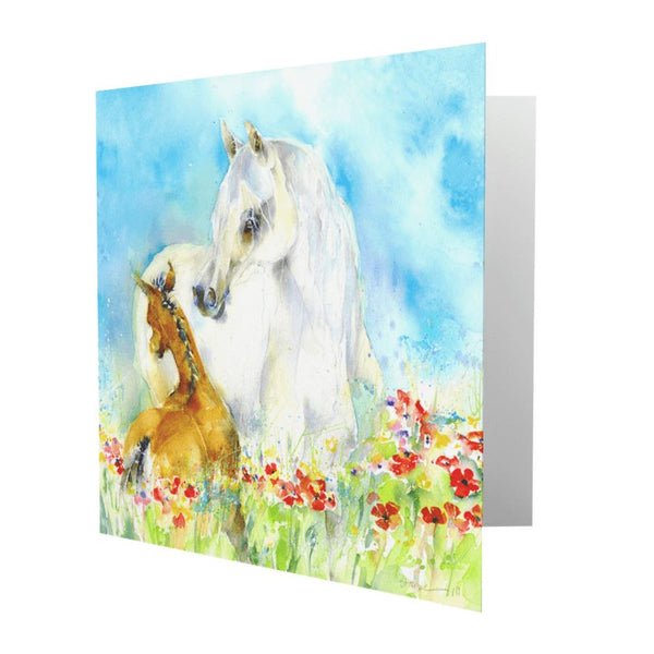 White Mare and Foal Greeting Card designed by artist Sheila Gill