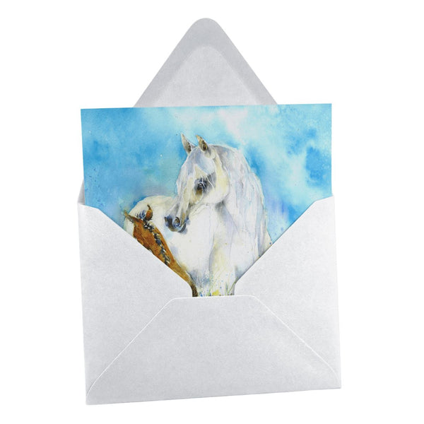 White Mare and Foal Greeting Card designed by artist Sheila Gill