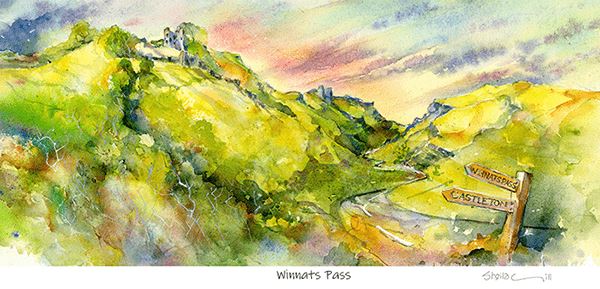 Winnats Pass and Peveril castle Peak District Landscape Watercolour Art Print by artist Sheila Gill
