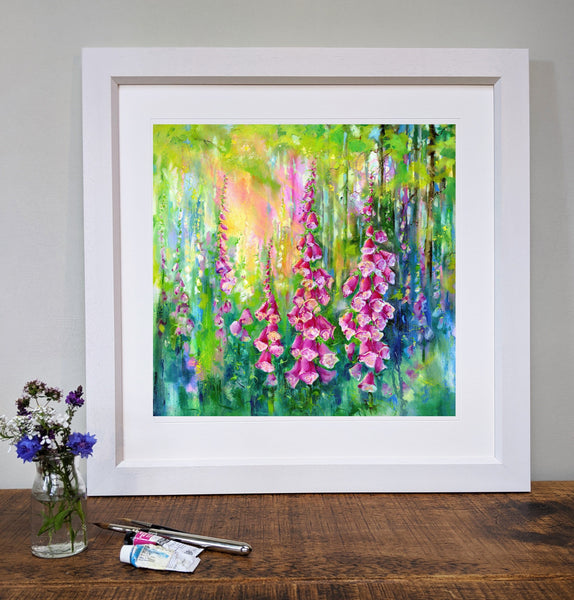 Woodland Foxgloves - Flower Framed Floral Art Print designed by artist Sheila Gill