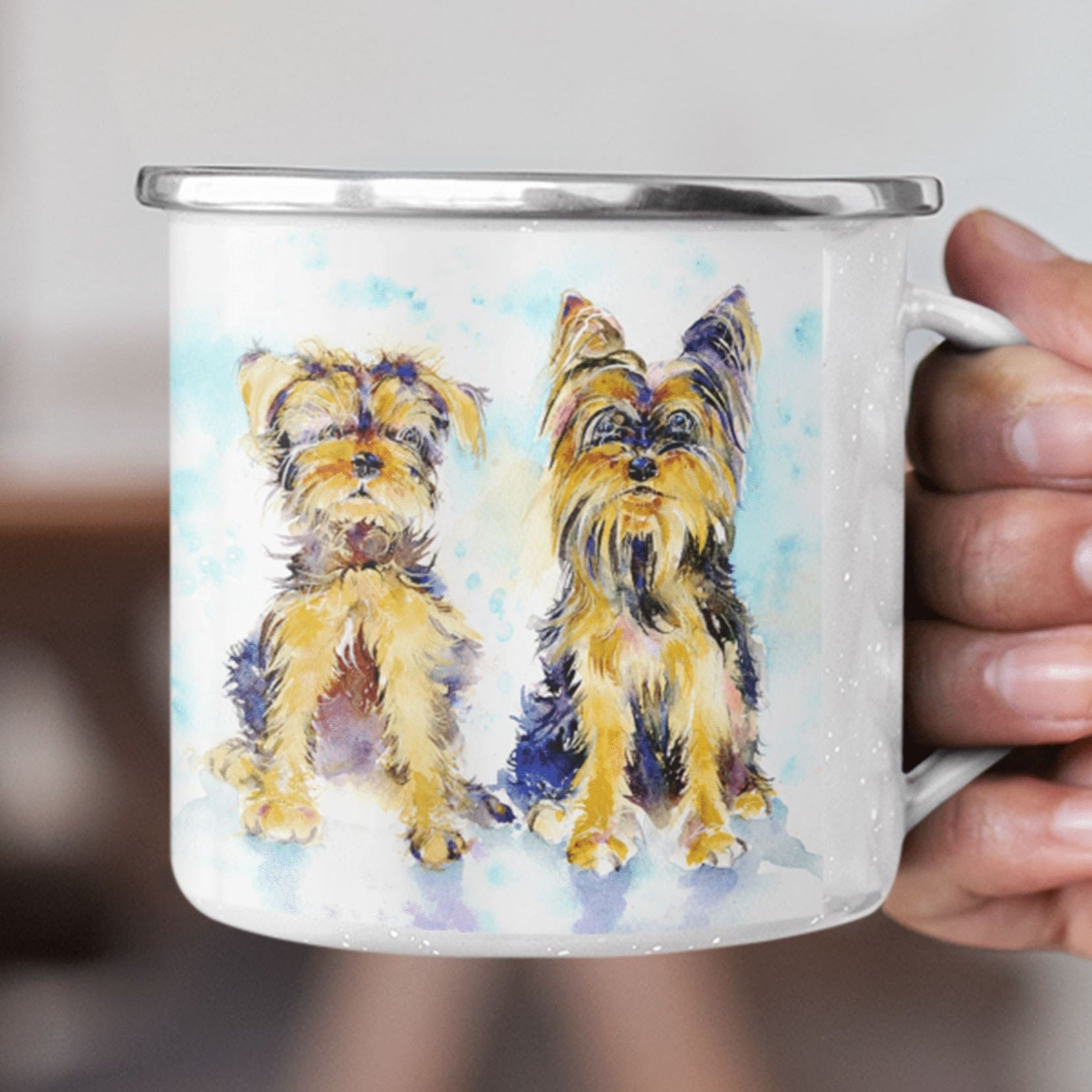 Yorkshire Terrier Dogs Enamel Tin Mug Watercolour painted designed by artist Sheila Gill