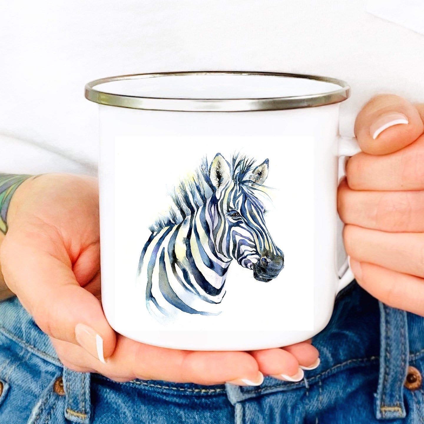 Zebra Enamel Mug designed by artist Sheila Gill
