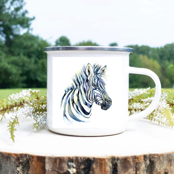Zebra Enamel Mug designed by artist Sheila Gill