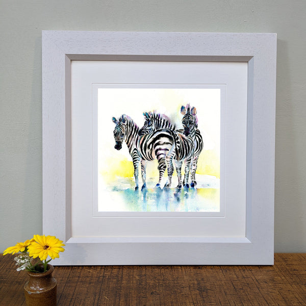 Zebras Art Picture framed wild animal art designed by artist Sheila Gill